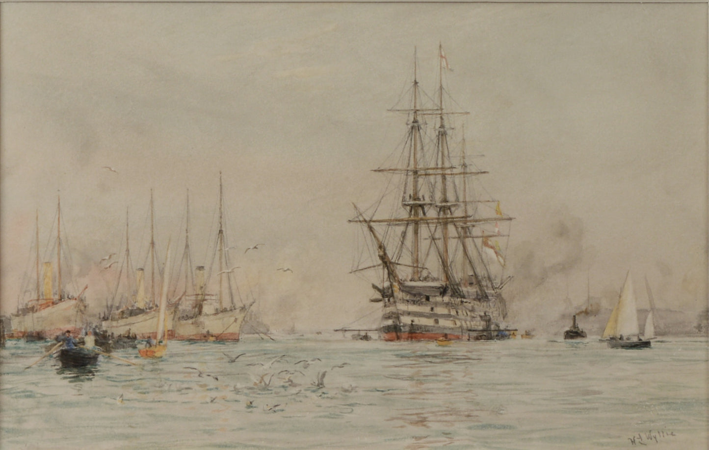 HMS Victory in Portsmouth Harbour - signed watercolour by W.L. Wyllie