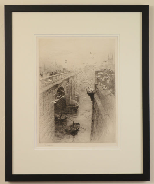 London Bridge and Southwark Cathedral - Signed Etching by W.L. Wyllie