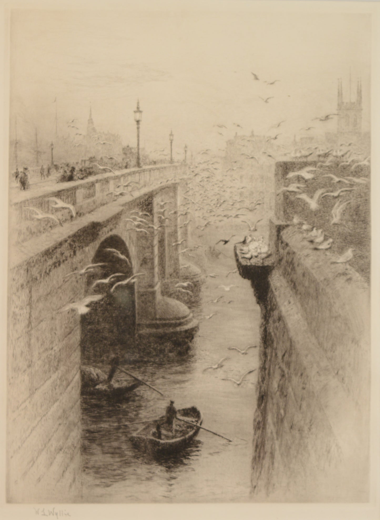 London Bridge and Southwark Cathedral - Signed Etching by W.L. Wyllie