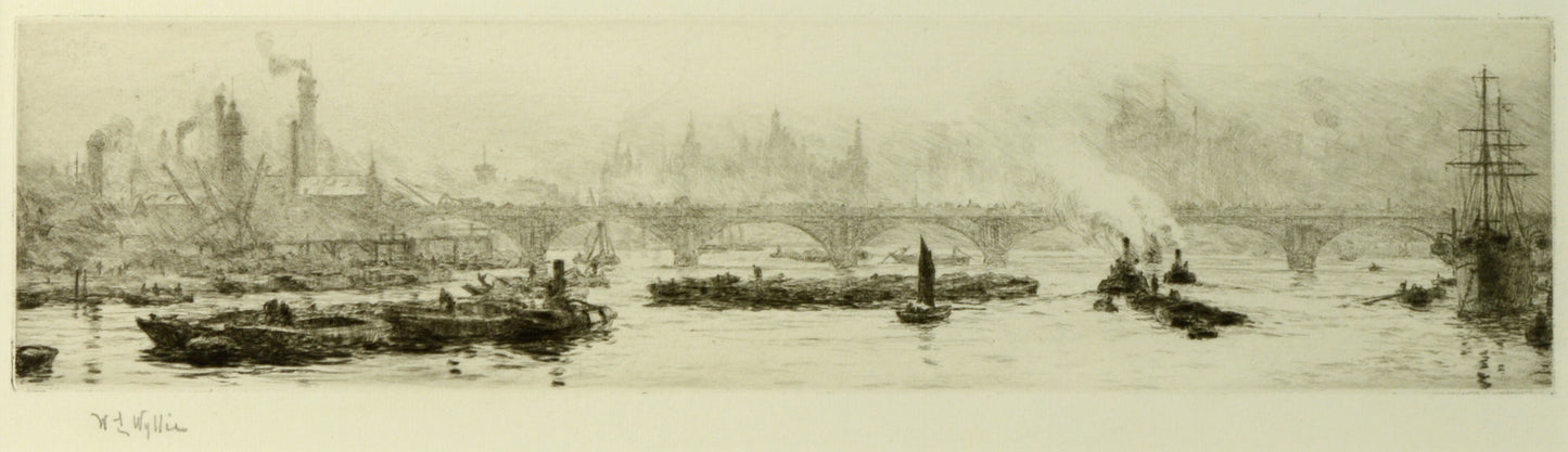 Old Waterloo Bridge, River Thames - Signed Etching by W.L. Wyllie