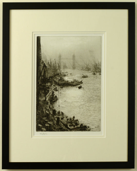 Tower Bridge from the Pool of London - Signed Etching by W.L. Wyllie