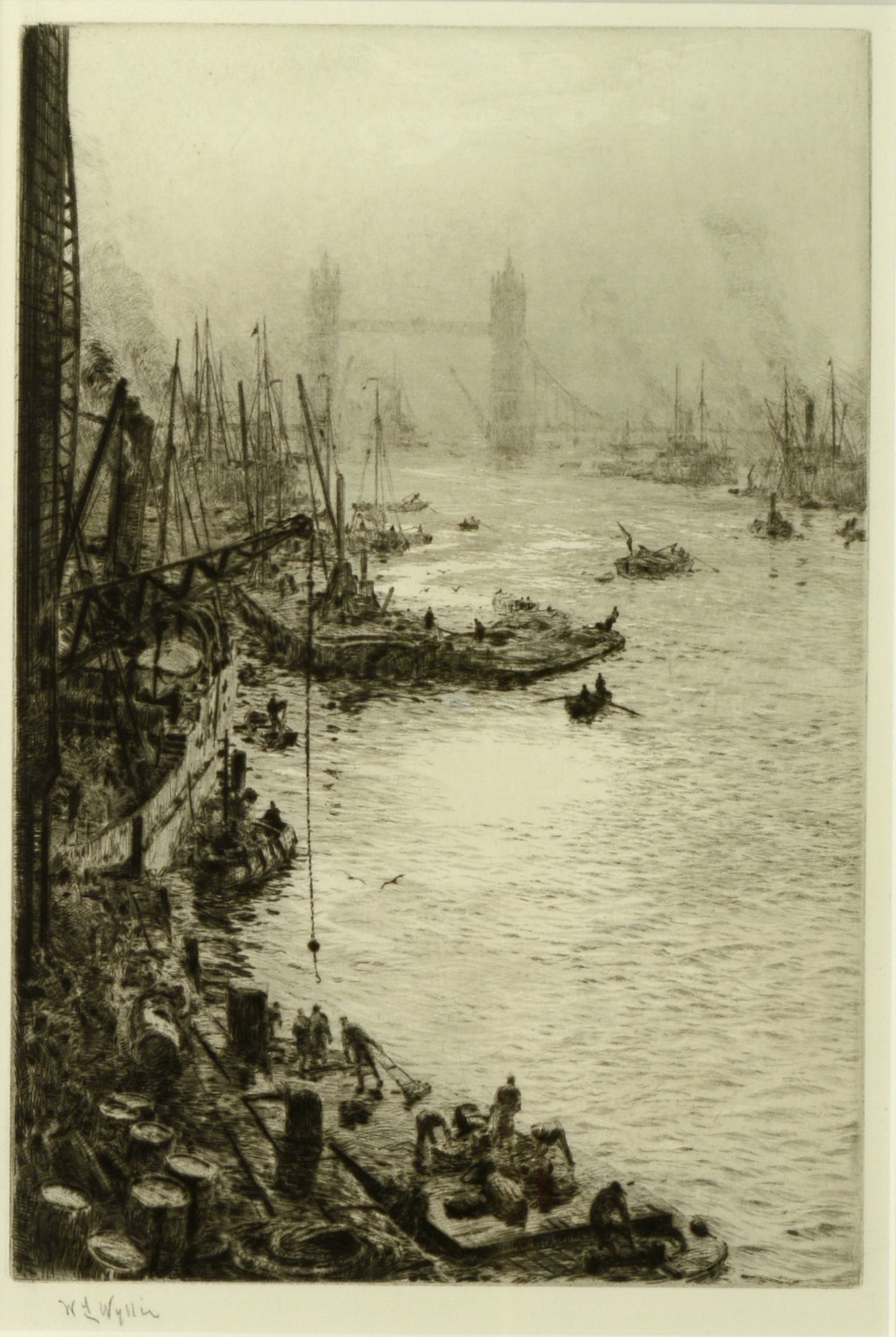 Tower Bridge from the Pool of London - Signed Etching by W.L. Wyllie