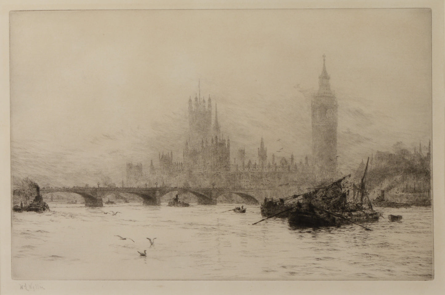 Westminster, Flood Tide - Signed Etching by W.L. Wyllie