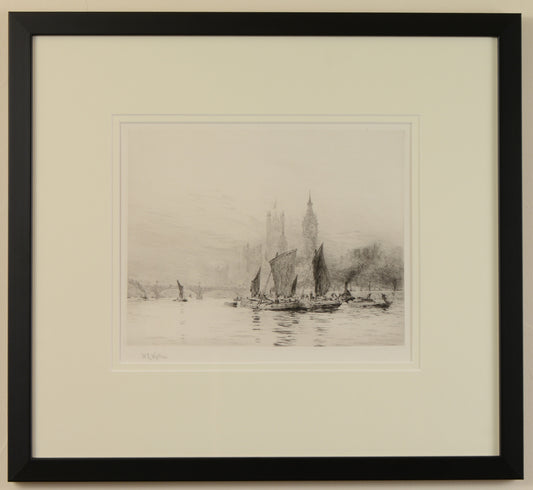 Westminster from The Thames - signed etching by W.L. Wyllie