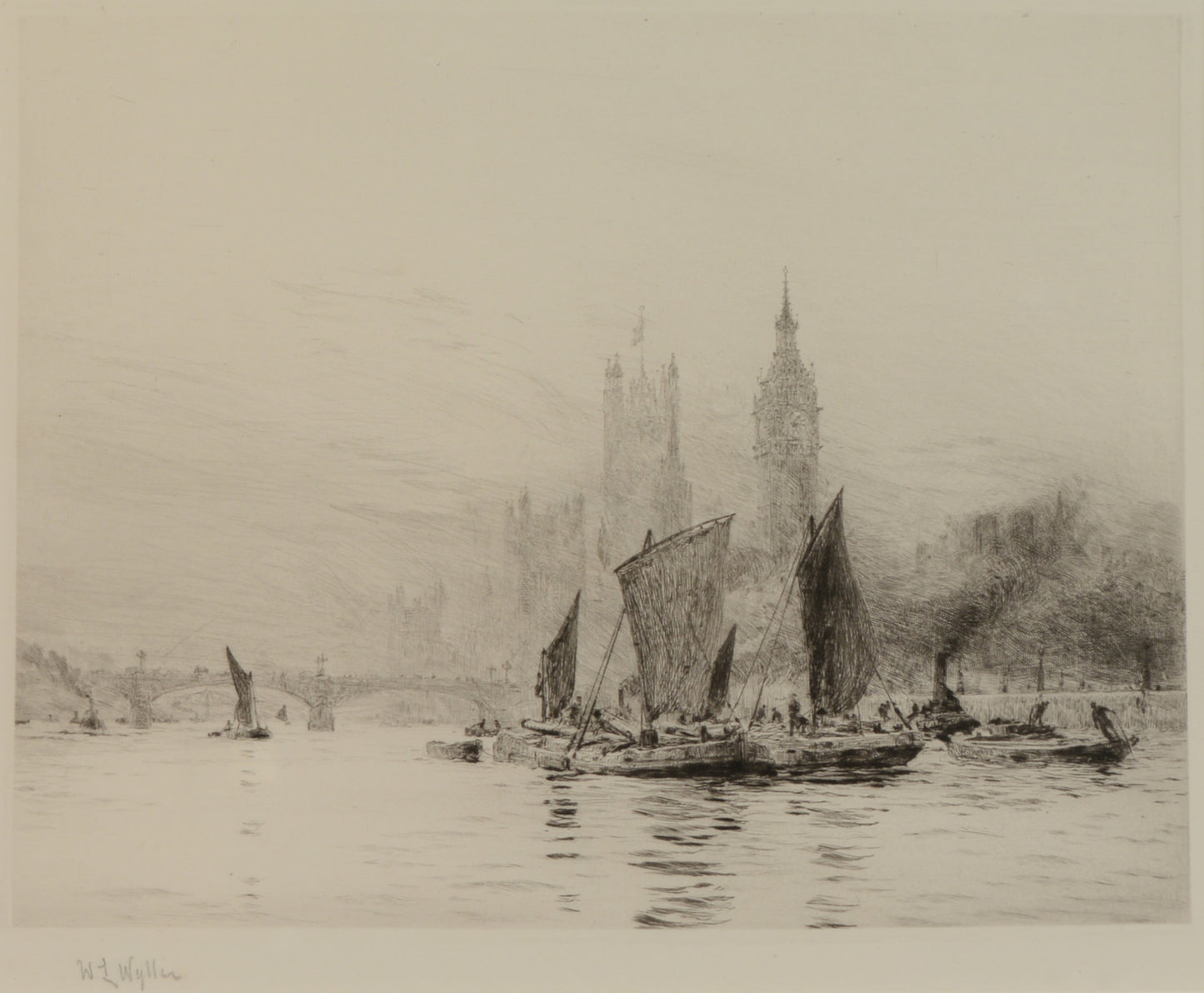 Westminster from The Thames - signed etching by W.L. Wyllie