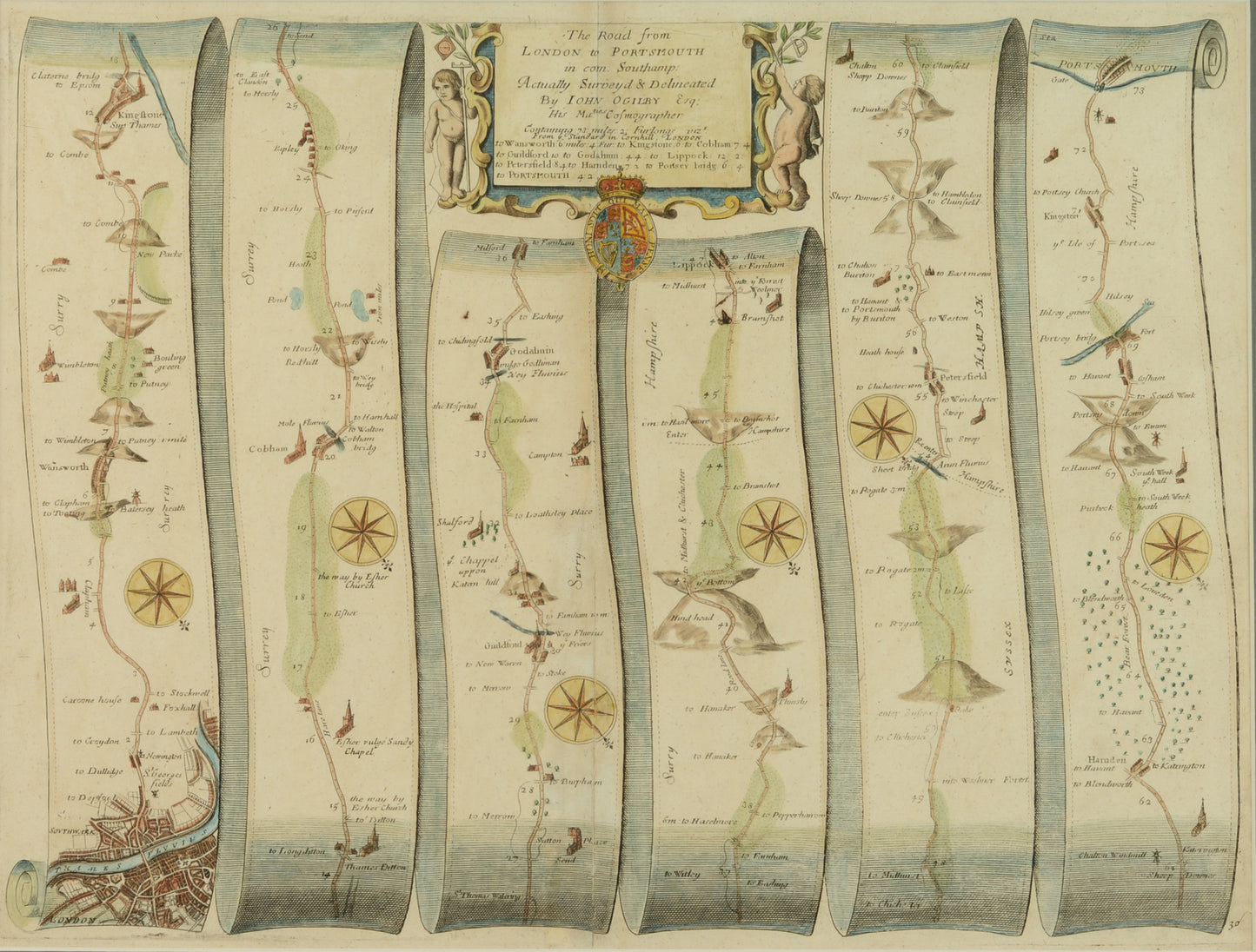 Antique Map of the Road from London to Portsmouth by John Ogilby