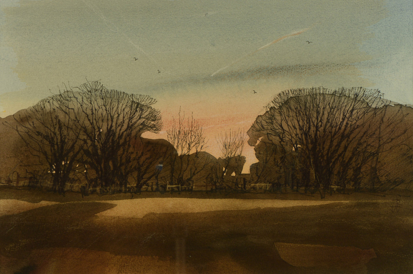 Winter Sunset, Browndown, Gosport - watercolour by Richard Bradley