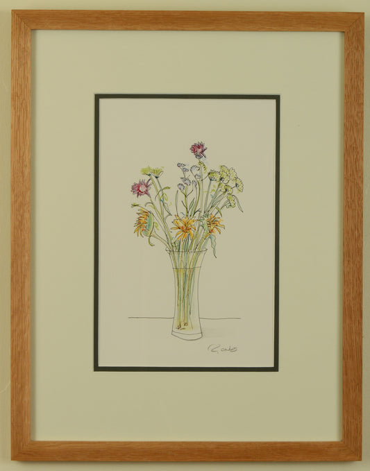 Posy of flowers in a vase - pen and wash drawing by Richard Oakes